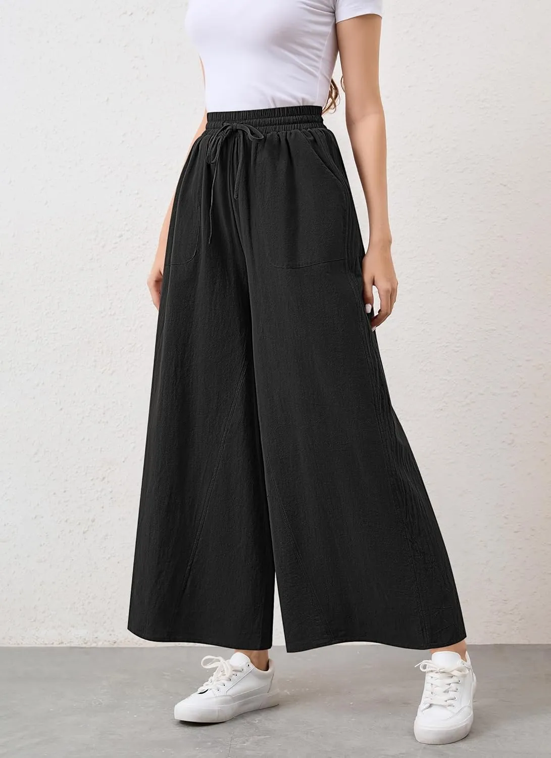 Womens Casual Linen Wide Leg Pants Trousers High Waisted Drawstring Tailored Baggy Pant Palazzo Lounge Pant Pockets
