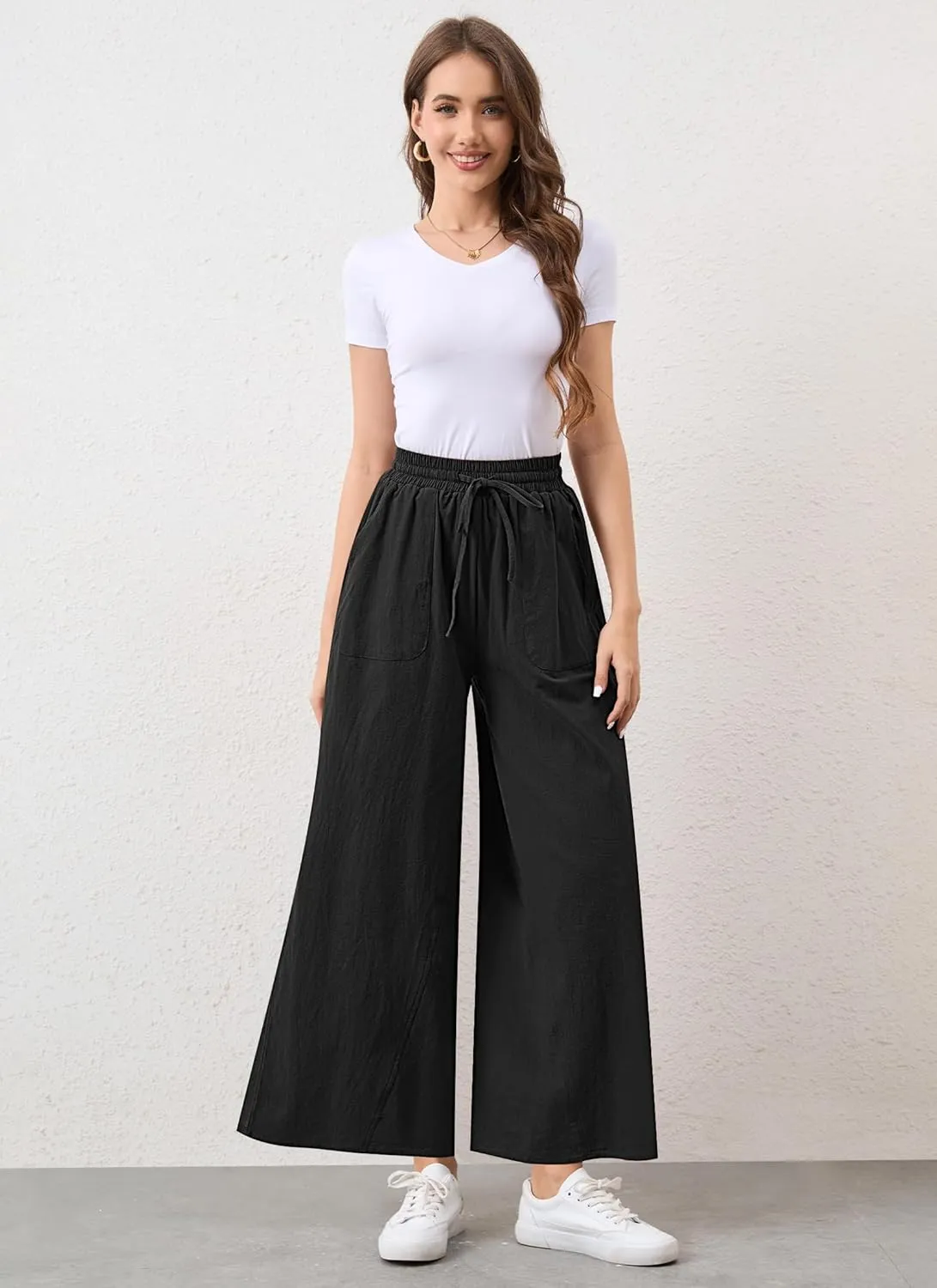Womens Casual Linen Wide Leg Pants Trousers High Waisted Drawstring Tailored Baggy Pant Palazzo Lounge Pant Pockets