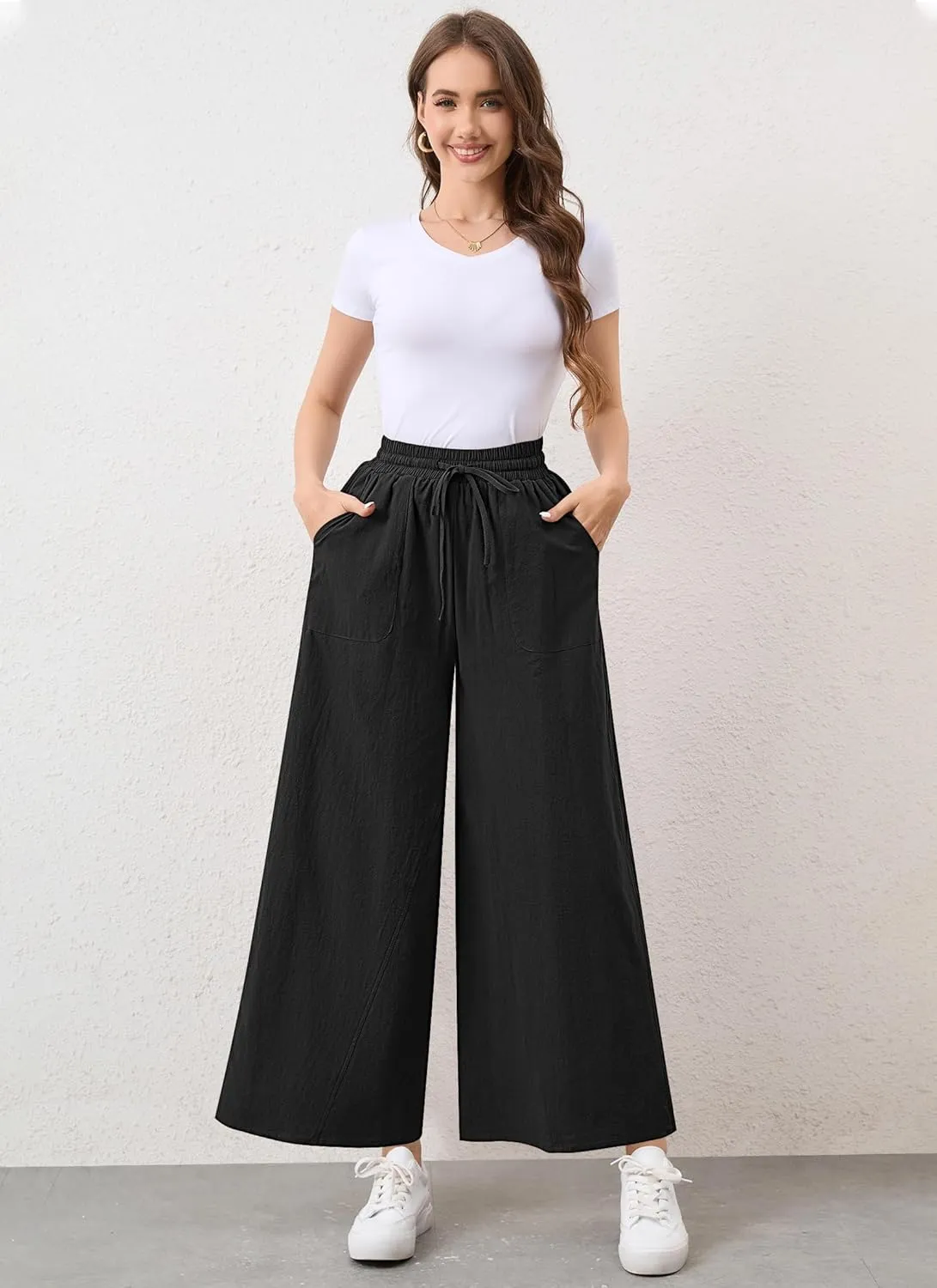 Womens Casual Linen Wide Leg Pants Trousers High Waisted Drawstring Tailored Baggy Pant Palazzo Lounge Pant Pockets