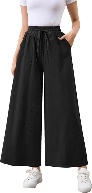 Womens Casual Linen Wide Leg Pants Trousers High Waisted Drawstring Tailored Baggy Pant Palazzo Lounge Pant Pockets