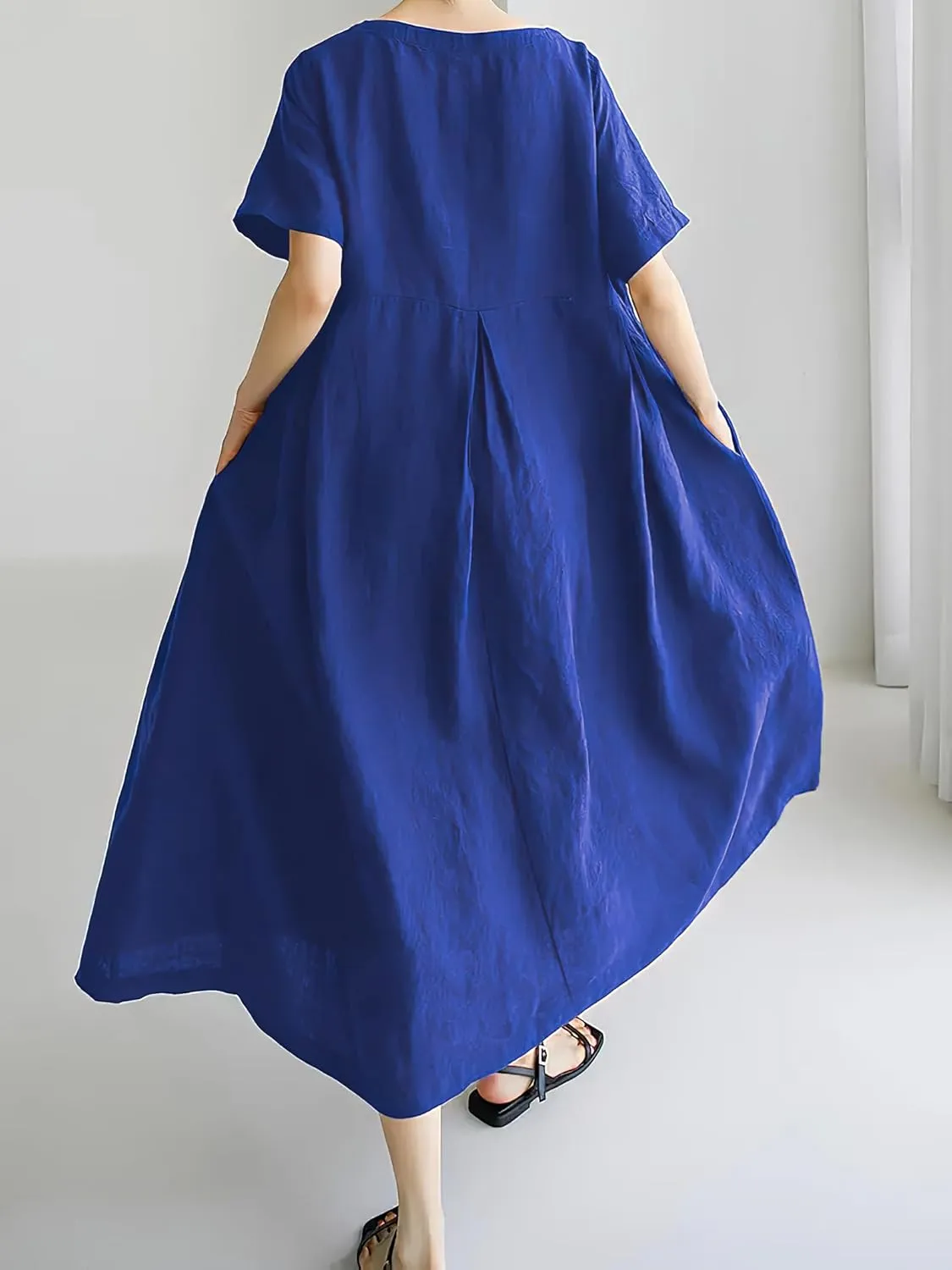 Women's Casual Plus Size Short Sleeve Long Dress Summer Crew Neck Flowy Pleated Midi Dressed with Pockets