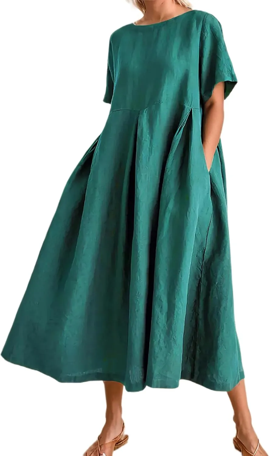 Women's Casual Plus Size Short Sleeve Long Dress Summer Crew Neck Flowy Pleated Midi Dressed with Pockets