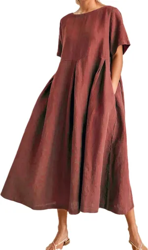 Women's Casual Plus Size Short Sleeve Long Dress Summer Crew Neck Flowy Pleated Midi Dressed with Pockets