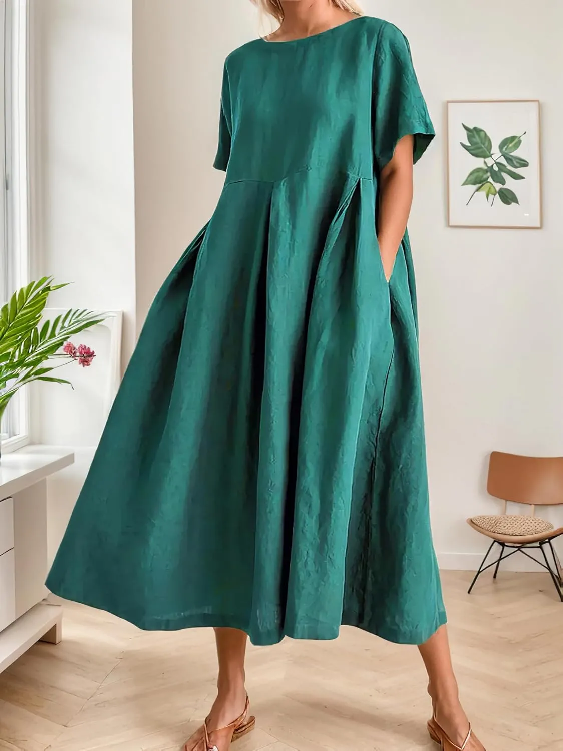 Women's Casual Plus Size Short Sleeve Long Dress Summer Crew Neck Flowy Pleated Midi Dressed with Pockets