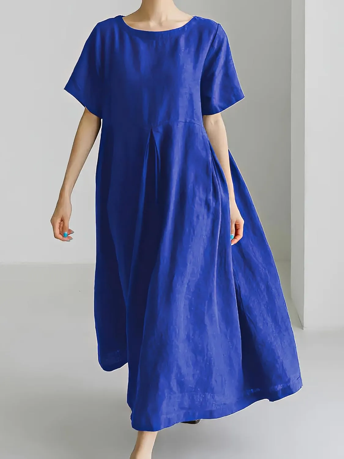 Women's Casual Plus Size Short Sleeve Long Dress Summer Crew Neck Flowy Pleated Midi Dressed with Pockets