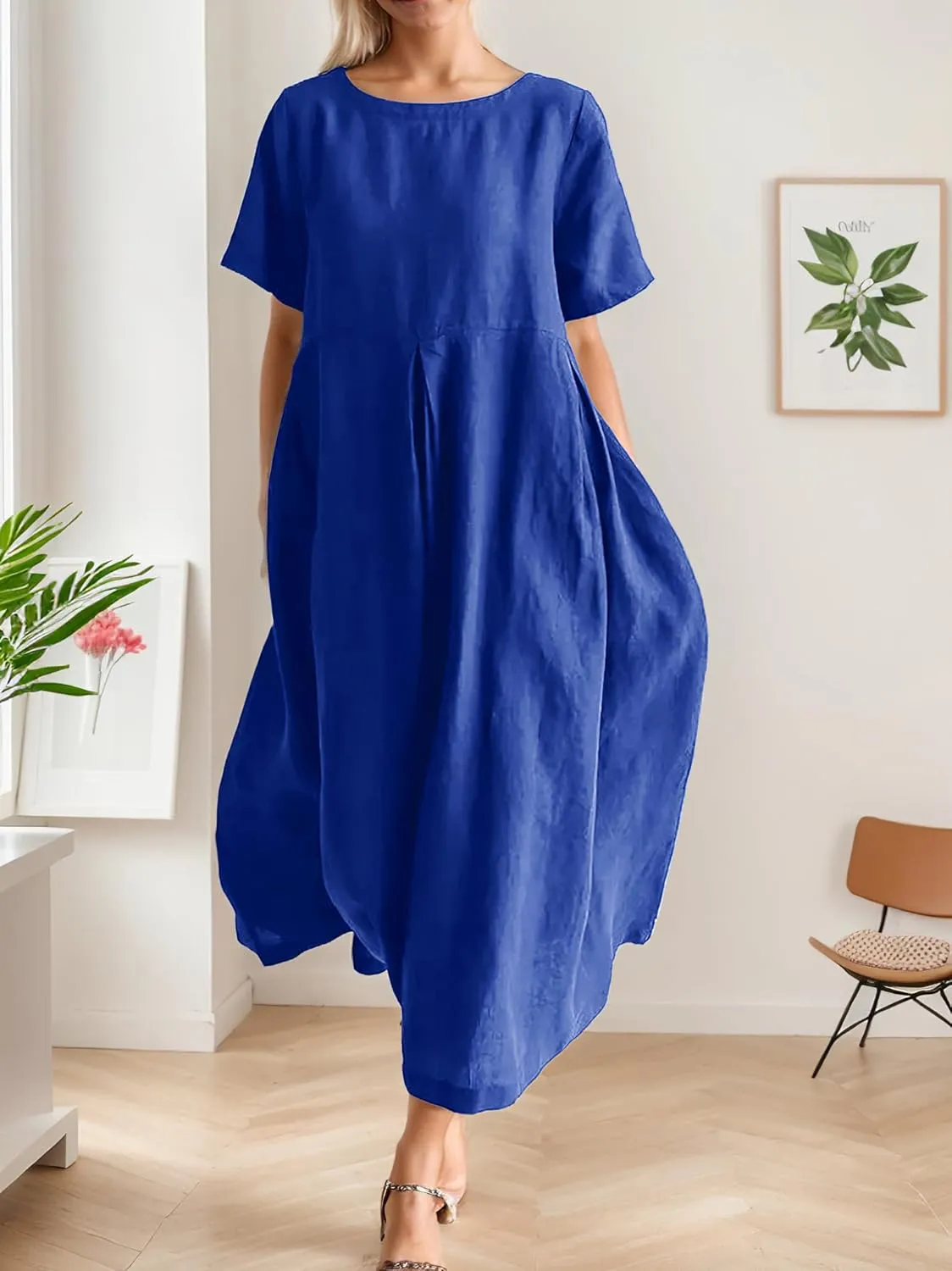 Women's Casual Plus Size Short Sleeve Long Dress Summer Crew Neck Flowy Pleated Midi Dressed with Pockets