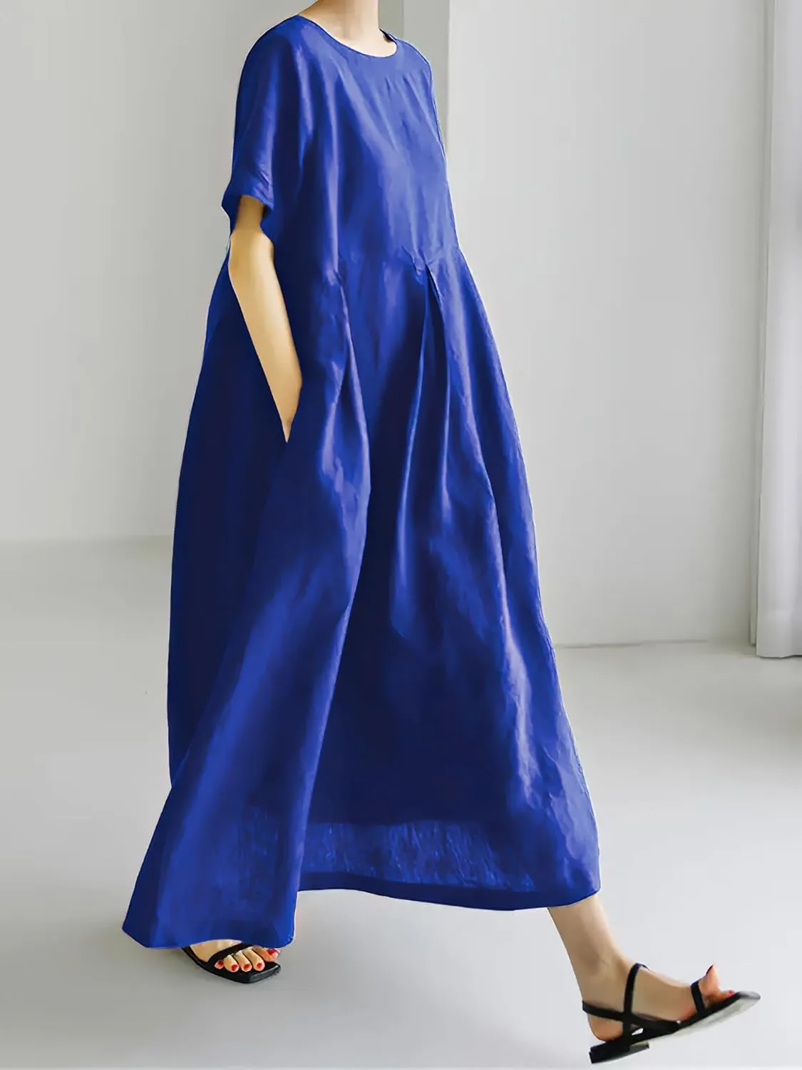 Women's Casual Plus Size Short Sleeve Long Dress Summer Crew Neck Flowy Pleated Midi Dressed with Pockets