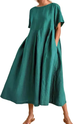 Women's Casual Plus Size Short Sleeve Long Dress Summer Crew Neck Flowy Pleated Midi Dressed with Pockets