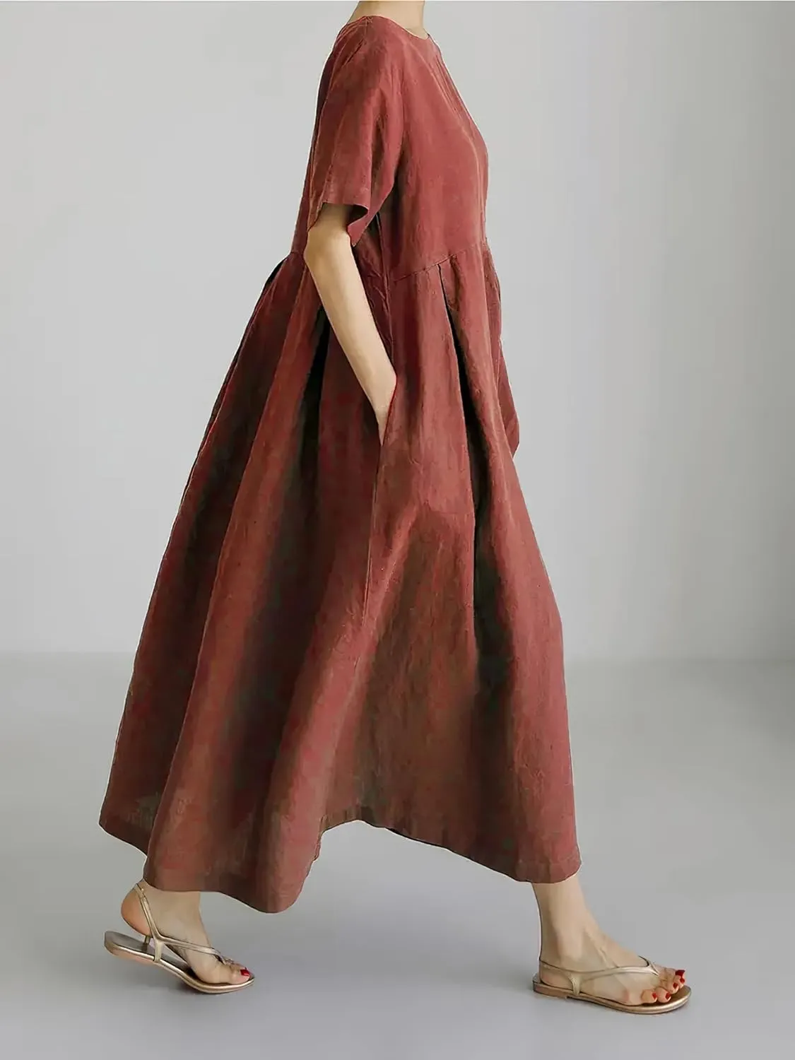Women's Casual Plus Size Short Sleeve Long Dress Summer Crew Neck Flowy Pleated Midi Dressed with Pockets