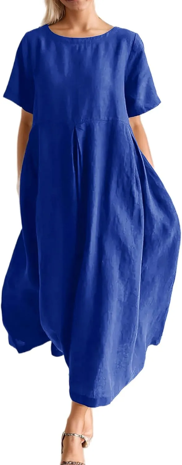Women's Casual Plus Size Short Sleeve Long Dress Summer Crew Neck Flowy Pleated Midi Dressed with Pockets