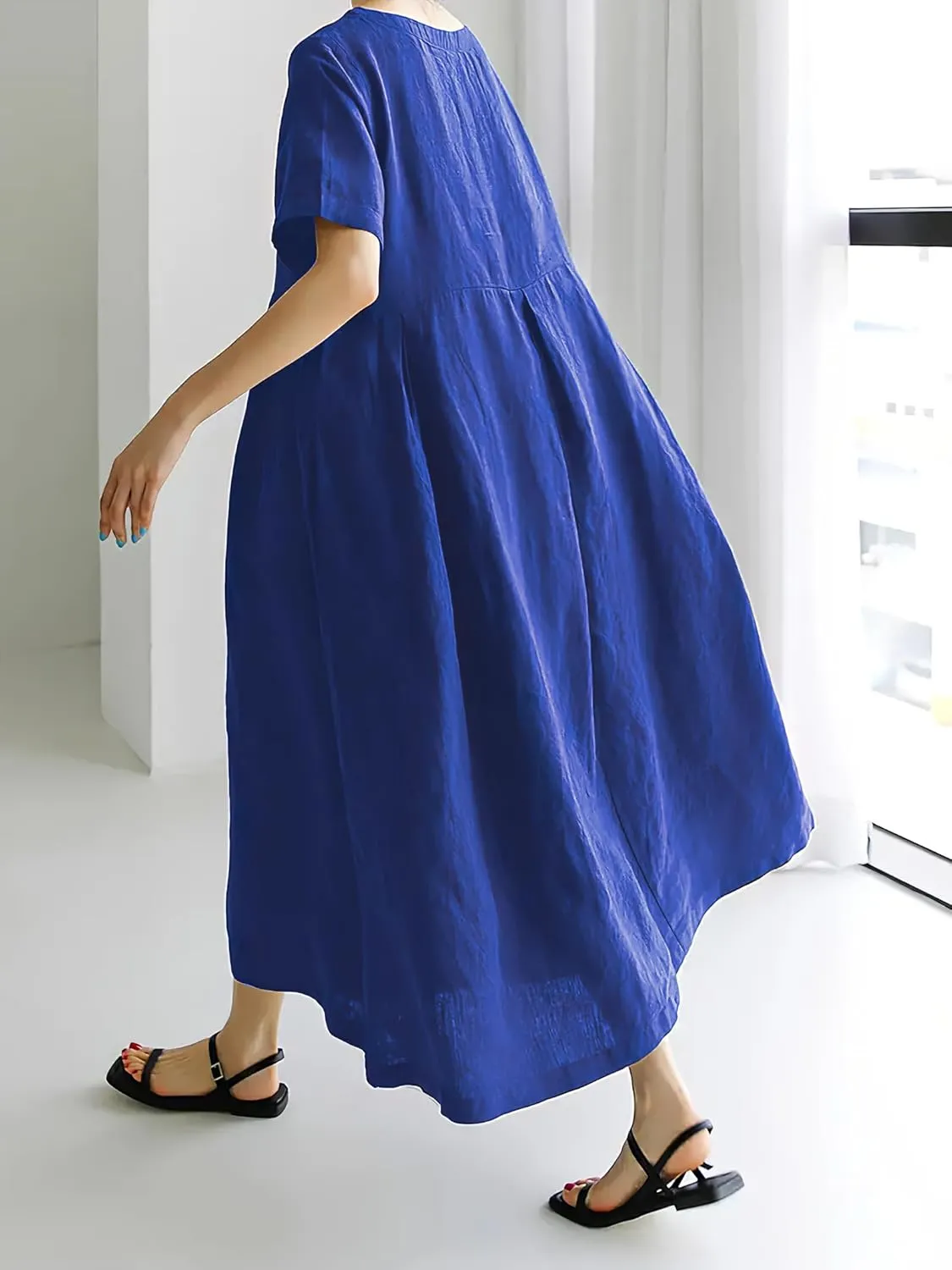Women's Casual Plus Size Short Sleeve Long Dress Summer Crew Neck Flowy Pleated Midi Dressed with Pockets