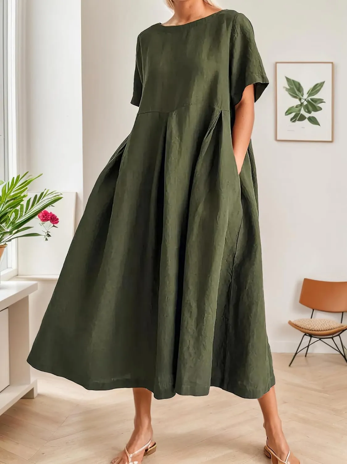 Women's Casual Plus Size Short Sleeve Long Dress Summer Crew Neck Flowy Pleated Midi Dressed with Pockets