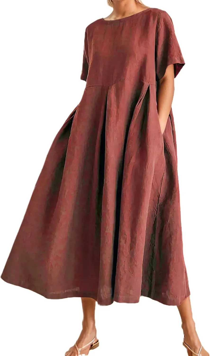 Women's Casual Plus Size Short Sleeve Long Dress Summer Crew Neck Flowy Pleated Midi Dressed with Pockets