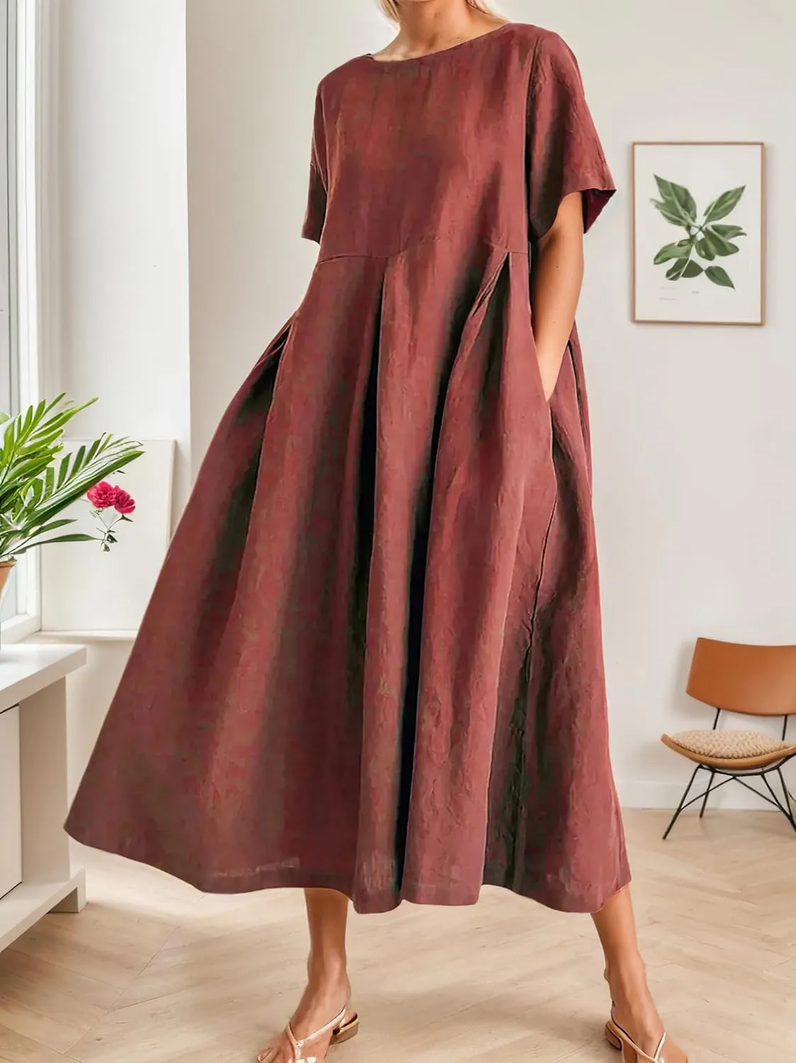 Women's Casual Plus Size Short Sleeve Long Dress Summer Crew Neck Flowy Pleated Midi Dressed with Pockets