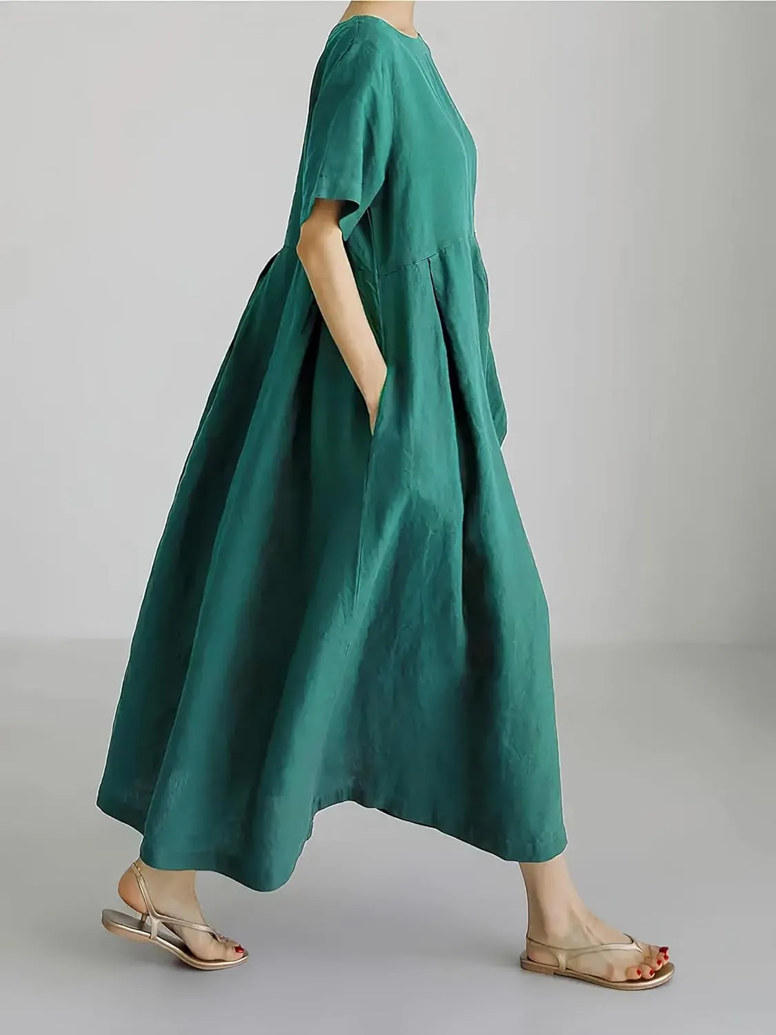 Women's Casual Plus Size Short Sleeve Long Dress Summer Crew Neck Flowy Pleated Midi Dressed with Pockets