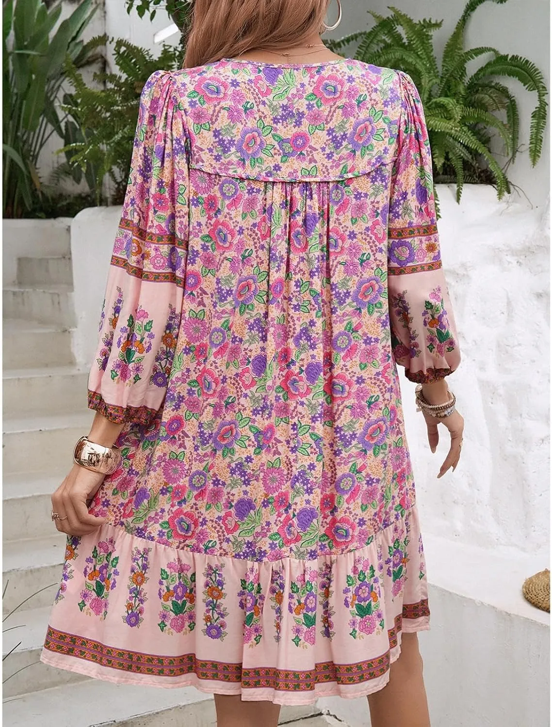 Women's Casual Spring Summer Dresses V Neck 3/4 Long Sleeve Ruffle Floral Flowy Boho Babydoll Mini Short Beach Dress