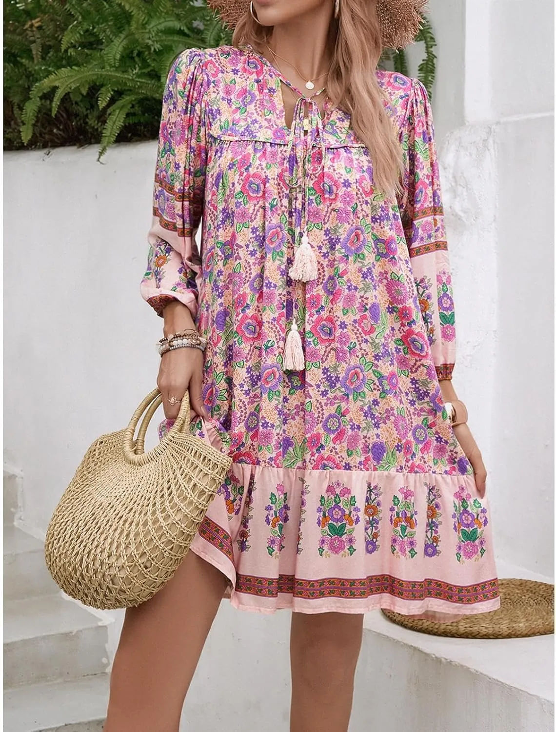 Women's Casual Spring Summer Dresses V Neck 3/4 Long Sleeve Ruffle Floral Flowy Boho Babydoll Mini Short Beach Dress