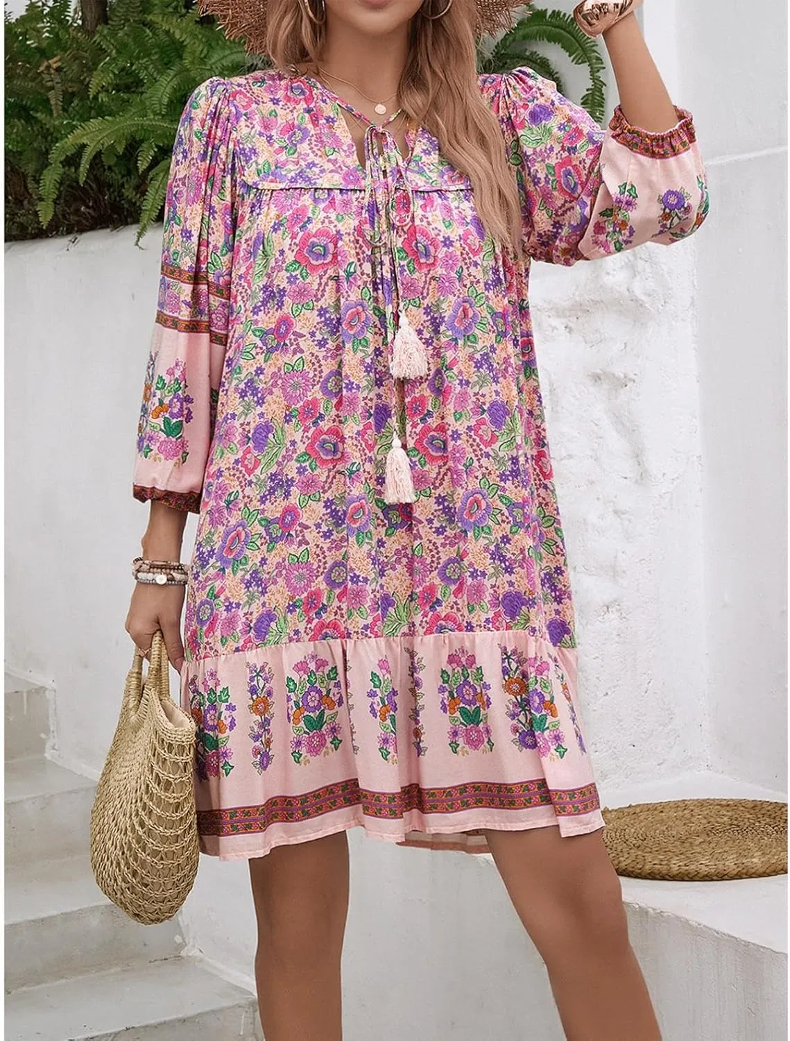 Women's Casual Spring Summer Dresses V Neck 3/4 Long Sleeve Ruffle Floral Flowy Boho Babydoll Mini Short Beach Dress