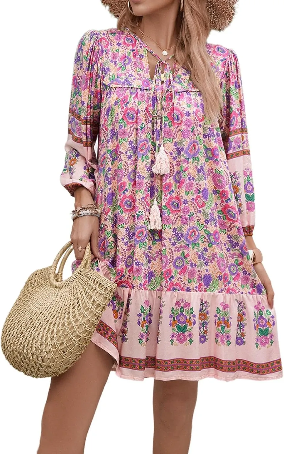 Women's Casual Spring Summer Dresses V Neck 3/4 Long Sleeve Ruffle Floral Flowy Boho Babydoll Mini Short Beach Dress