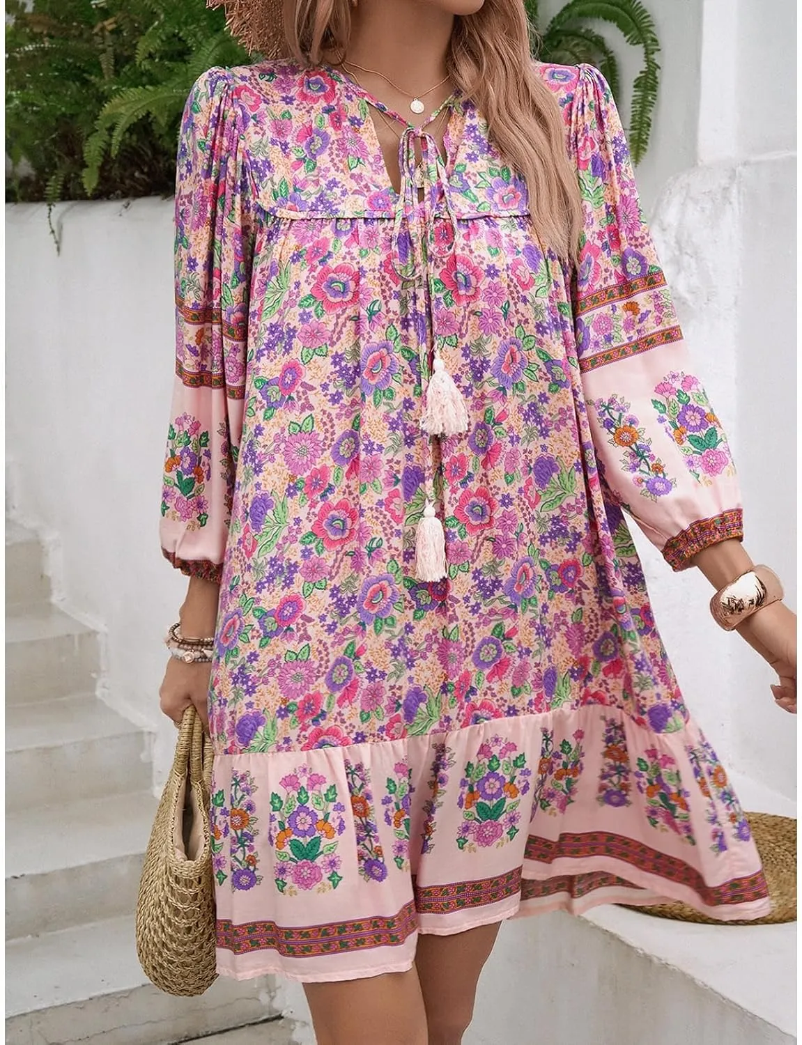 Women's Casual Spring Summer Dresses V Neck 3/4 Long Sleeve Ruffle Floral Flowy Boho Babydoll Mini Short Beach Dress