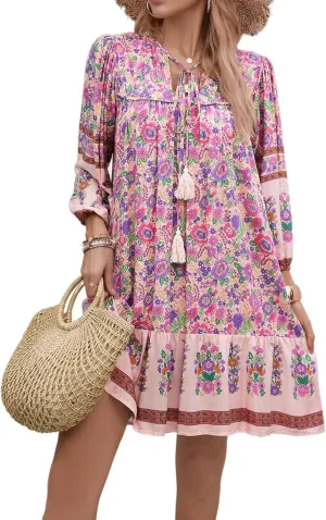 Women's Casual Spring Summer Dresses V Neck 3/4 Long Sleeve Ruffle Floral Flowy Boho Babydoll Mini Short Beach Dress