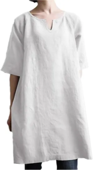 Womens Casual Summer T Shirt Dress Short Sleeve V Neck Linen Dresses Solid A-line Midi Boho Beach Dress