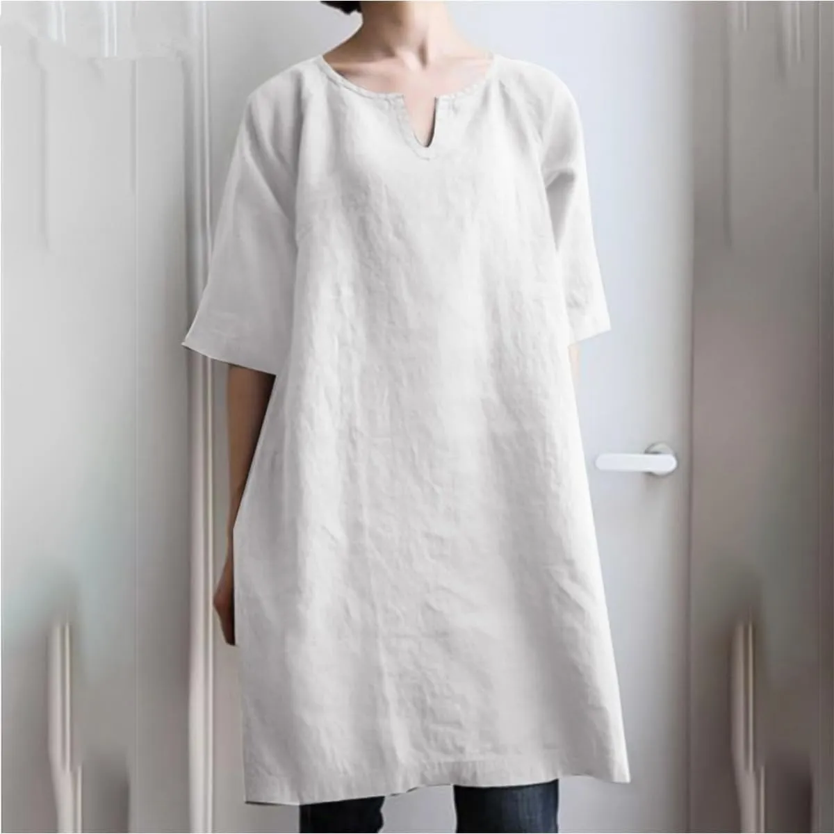 Womens Casual Summer T Shirt Dress Short Sleeve V Neck Linen Dresses Solid A-line Midi Boho Beach Dress