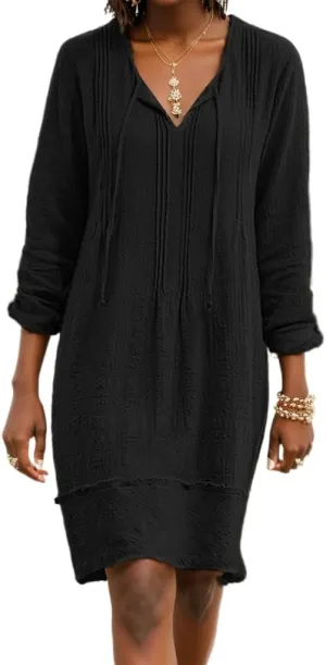 Women's Cotton Linen Casual Loose Shift Tunic Dress Summer Pleated Tassel Tie Long Sleeve Beach Midi Tshirt Dress