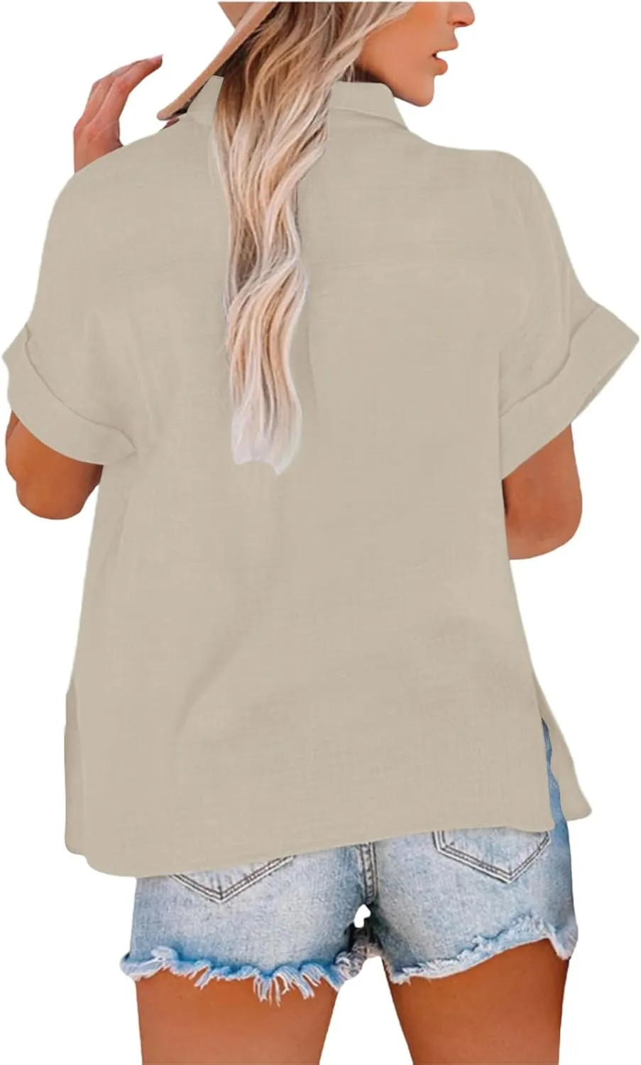 Womens Cotton Linen Shirts Solid 3/4 Sleeve Summer Vacation Tunic Tops Oversized Tshirts V Neck Dressy Blouses Tops