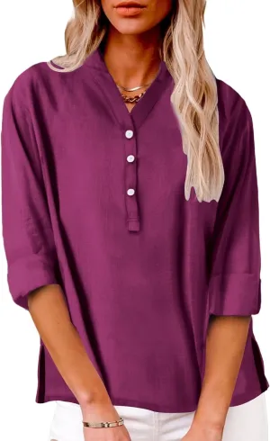Womens Cotton Linen Shirts Solid 3/4 Sleeve Summer Vacation Tunic Tops Oversized Tshirts V Neck Dressy Blouses Tops
