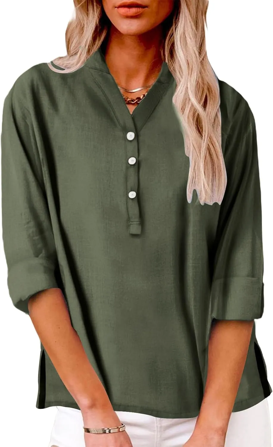 Womens Cotton Linen Shirts Solid 3/4 Sleeve Summer Vacation Tunic Tops Oversized Tshirts V Neck Dressy Blouses Tops