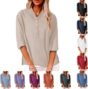 Womens Cotton Linen Shirts Solid 3/4 Sleeve Summer Vacation Tunic Tops Oversized Tshirts V Neck Dressy Blouses Tops