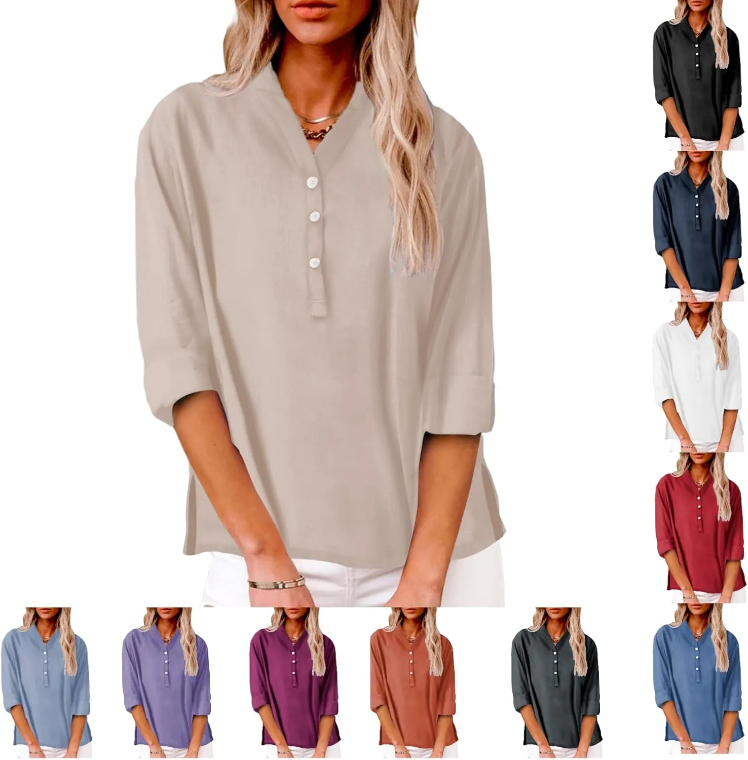 Womens Cotton Linen Shirts Solid 3/4 Sleeve Summer Vacation Tunic Tops Oversized Tshirts V Neck Dressy Blouses Tops