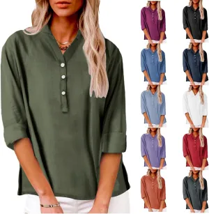 Womens Cotton Linen Shirts Solid 3/4 Sleeve Summer Vacation Tunic Tops Oversized Tshirts V Neck Dressy Blouses Tops