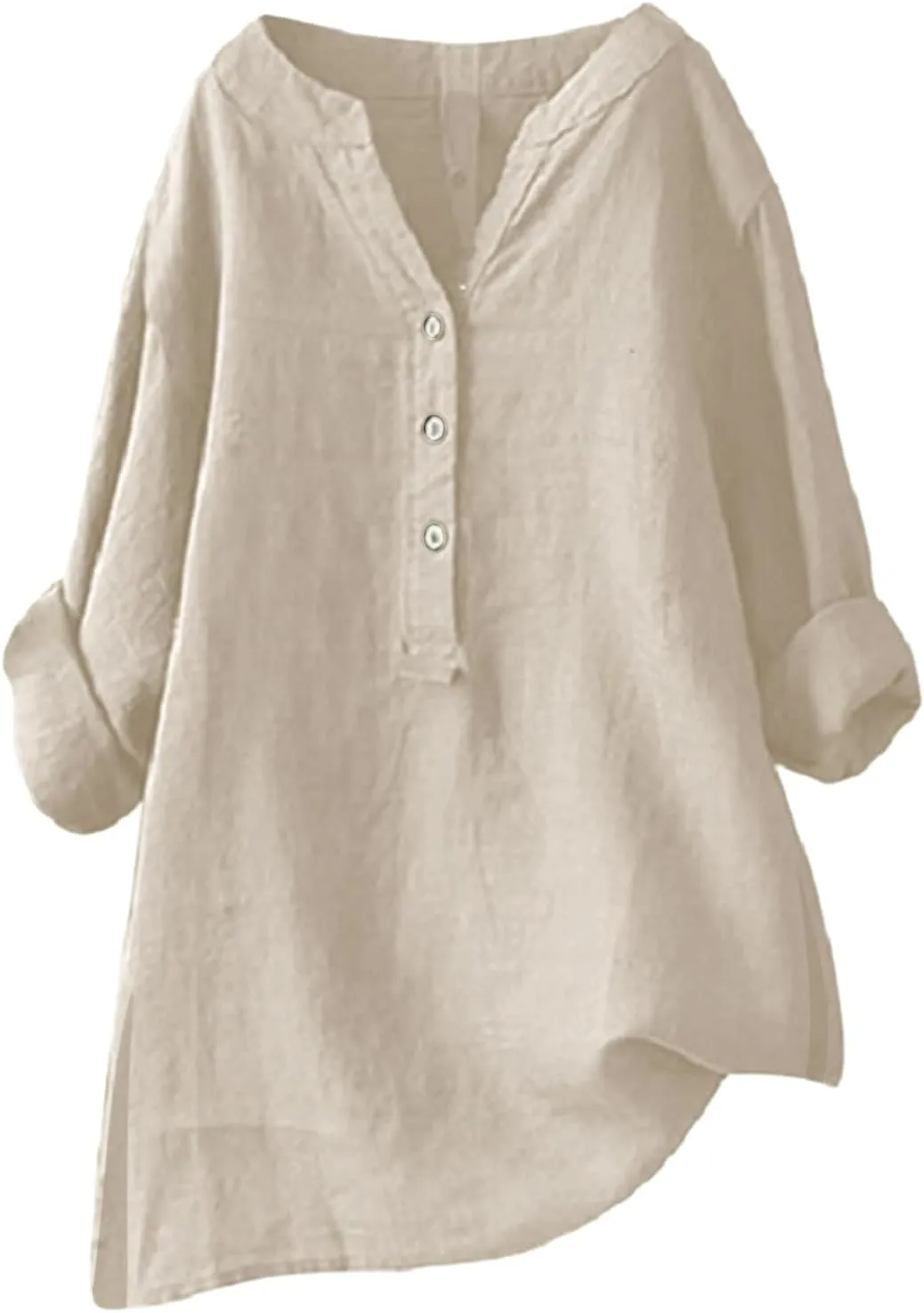 Womens Cotton Linen Shirts Solid 3/4 Sleeve Summer Vacation Tunic Tops Oversized Tshirts V Neck Dressy Blouses Tops