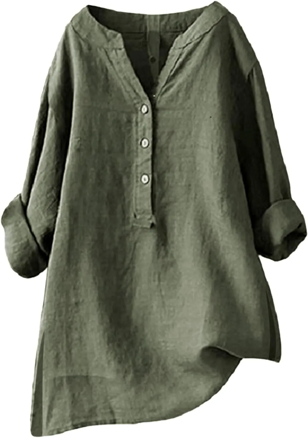 Womens Cotton Linen Shirts Solid 3/4 Sleeve Summer Vacation Tunic Tops Oversized Tshirts V Neck Dressy Blouses Tops