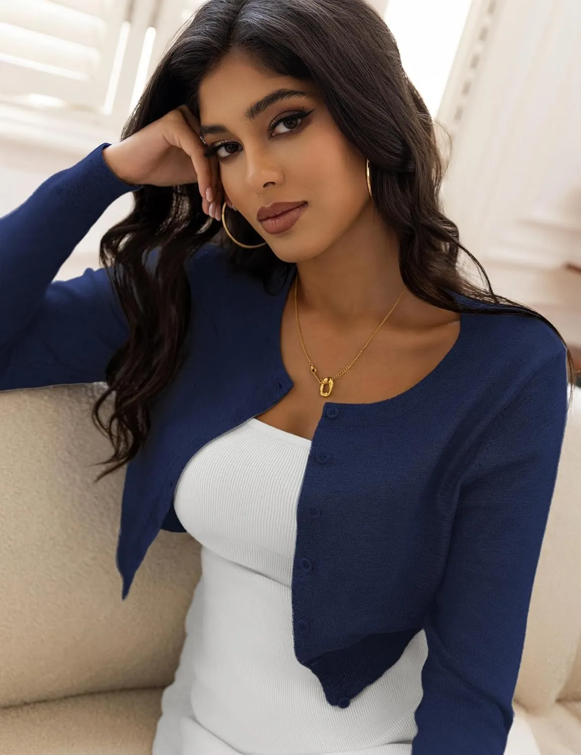Women's Cropped Cardigan Sweaters Crew Neck Button Down Open Front Knit Bolero Shrugs