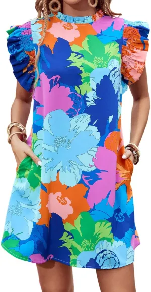 Womens Dress Blue Bold Floral Flutter Sleeve Shift Mini Dress with Pockets