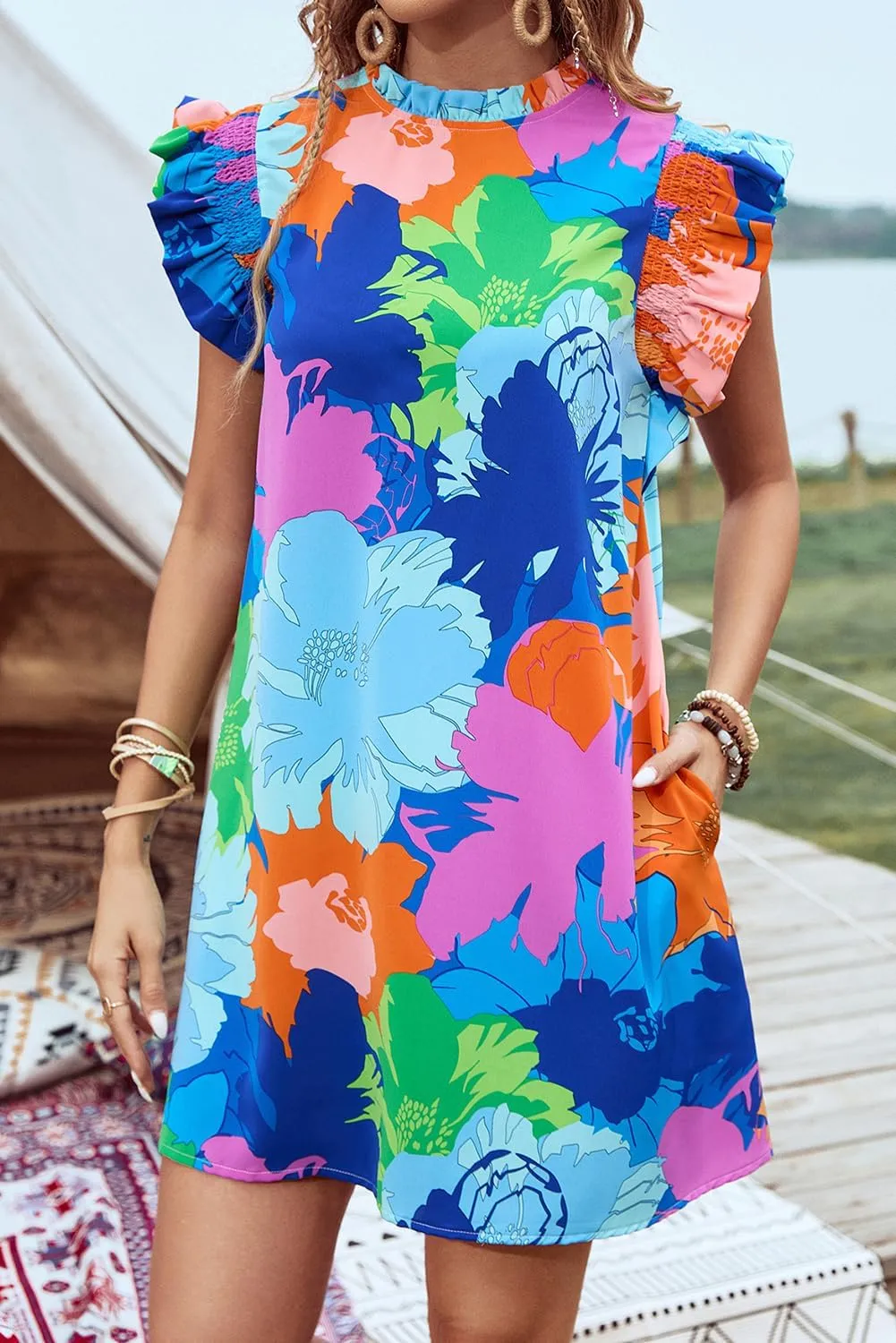 Womens Dress Blue Bold Floral Flutter Sleeve Shift Mini Dress with Pockets