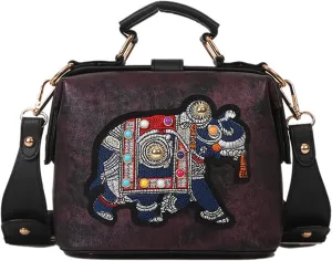 Women's Elephant Embroidery Top Handle Satchel Bag PU Leather Ethnic Crossbody Shoulder Bag Vintage Wide Strap Handbagbag1590OWOISS