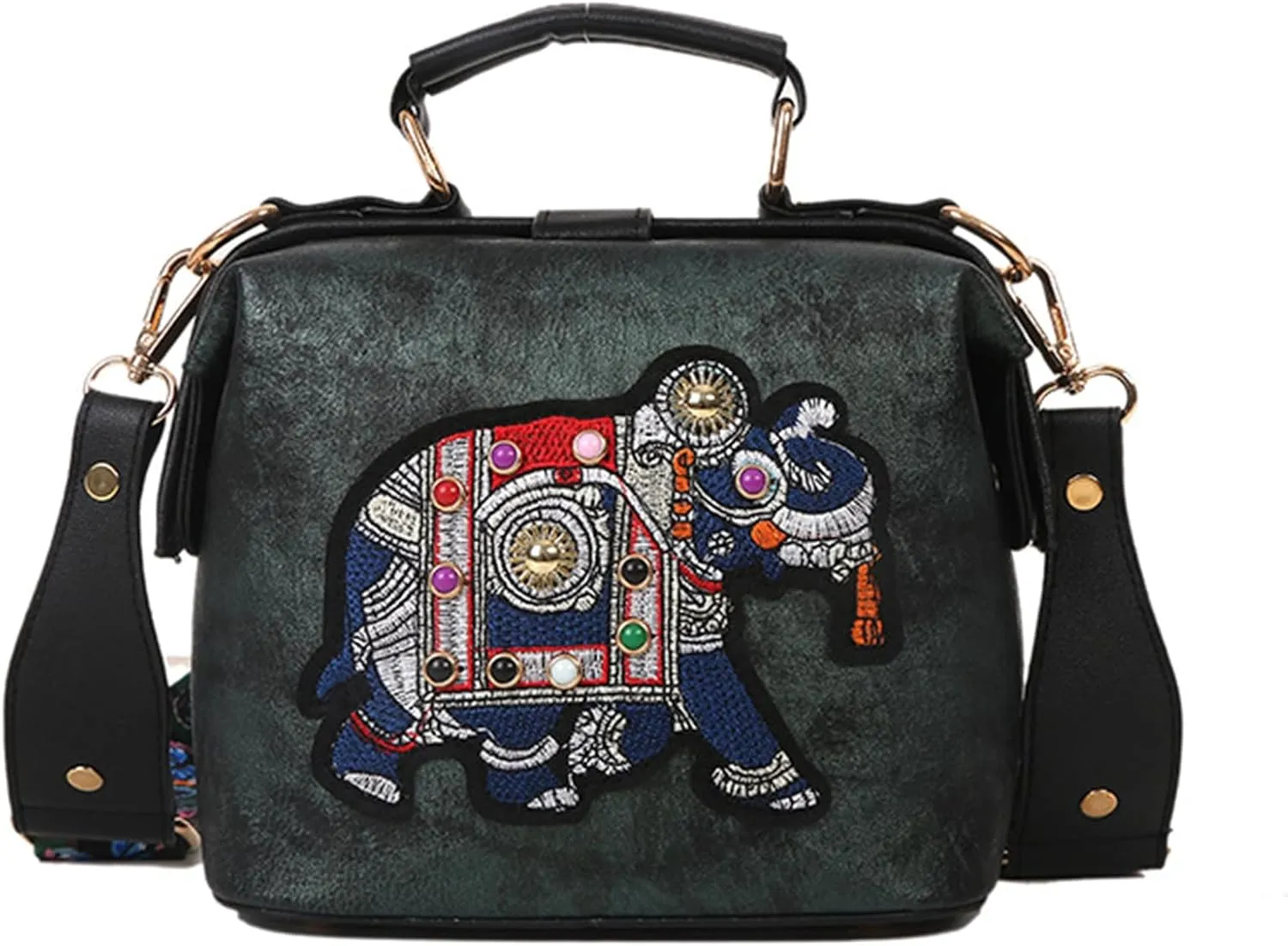Women's Elephant Embroidery Top Handle Satchel Bag PU Leather Ethnic Crossbody Shoulder Bag Vintage Wide Strap Handbagbag1592OWOISS