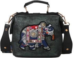 Women's Elephant Embroidery Top Handle Satchel Bag PU Leather Ethnic Crossbody Shoulder Bag Vintage Wide Strap Handbagbag1592OWOISS