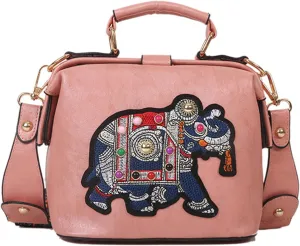 Women's Elephant Embroidery Top Handle Satchel Bag PU Leather Ethnic Crossbody Shoulder Bag Vintage Wide Strap Handbagbag1593OWOISS