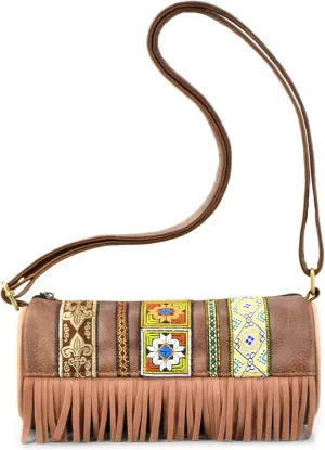 Women's Embroidery Satchel Shoulder Bag PU Leather Tassel Cylinder Bag Retro Round Crossbody Bag Ethnic Handbag Pursebag557OWOISS