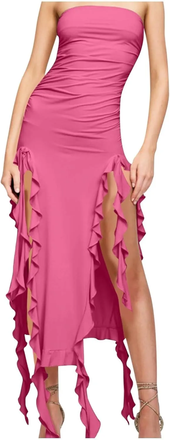 Women's Fashion Dresses Strapless Sexy Wrap Summer Casual Dress Solid Beach Vacation Maxi Bodycon Dresses