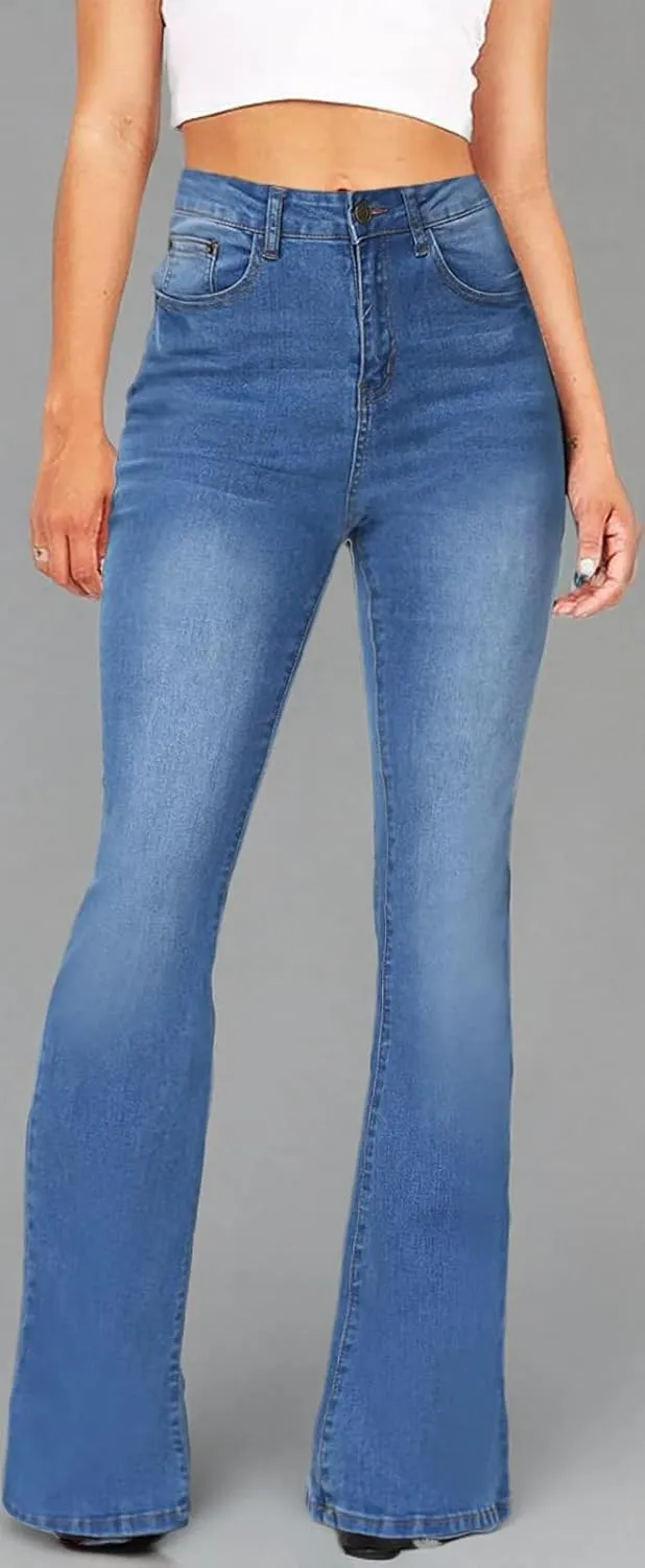 Women's Fashion High Waisted Wide Leg Bootcut Slim Denim Flare Bellbottom Jeans