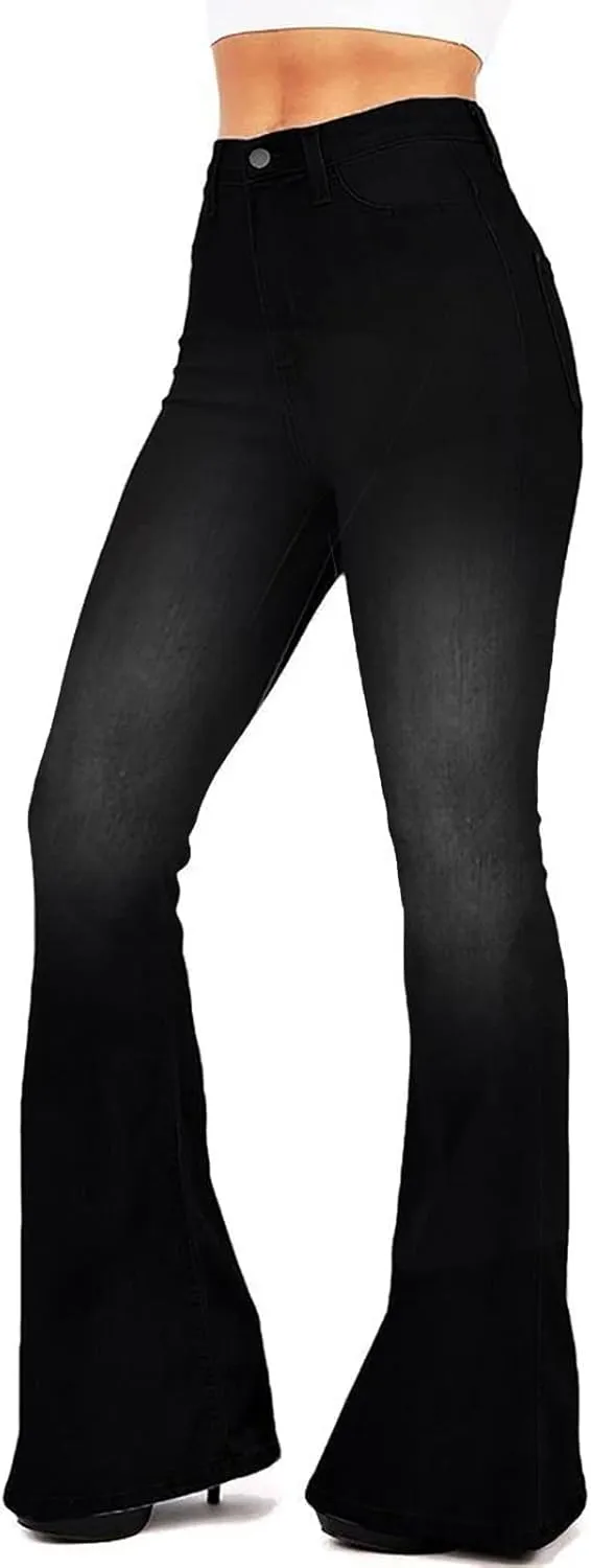 Women's Fashion High Waisted Wide Leg Bootcut Slim Denim Flare Bellbottom Jeans