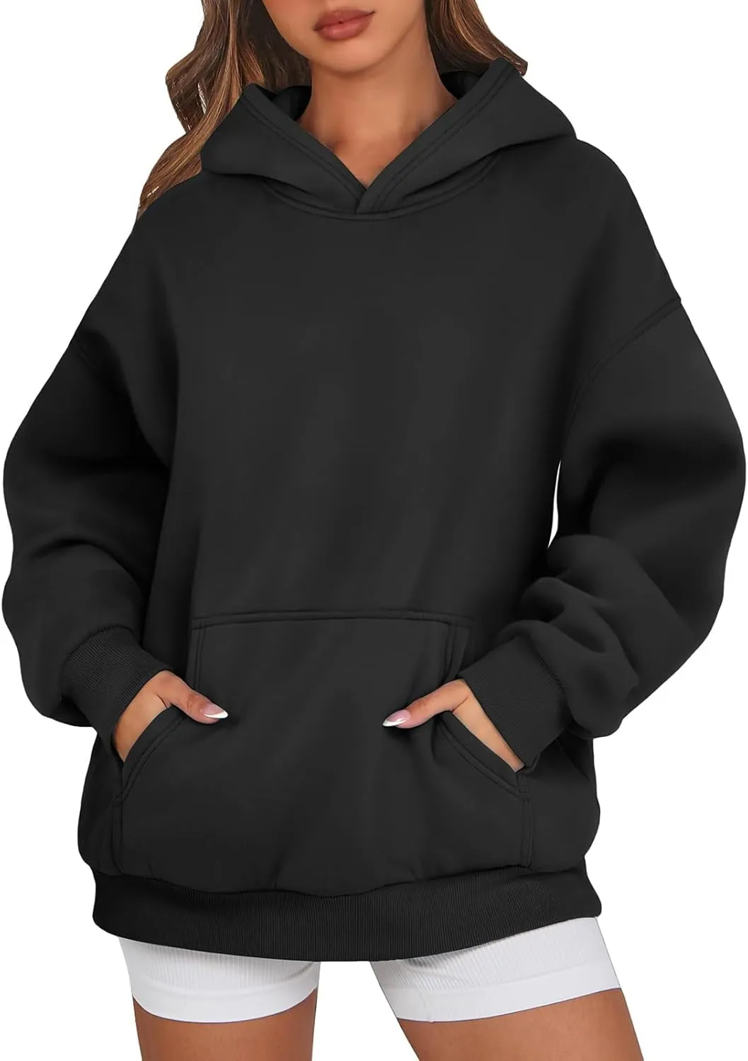 Women's Fashion Loose Fall Hooded Sweatshirt Solid Color Casual Daily Long Sleeve Fleece Sweaters Pullover with Pocket