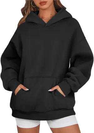 Women's Fashion Loose Fall Hooded Sweatshirt Solid Color Casual Daily Long Sleeve Fleece Sweaters Pullover with Pocket