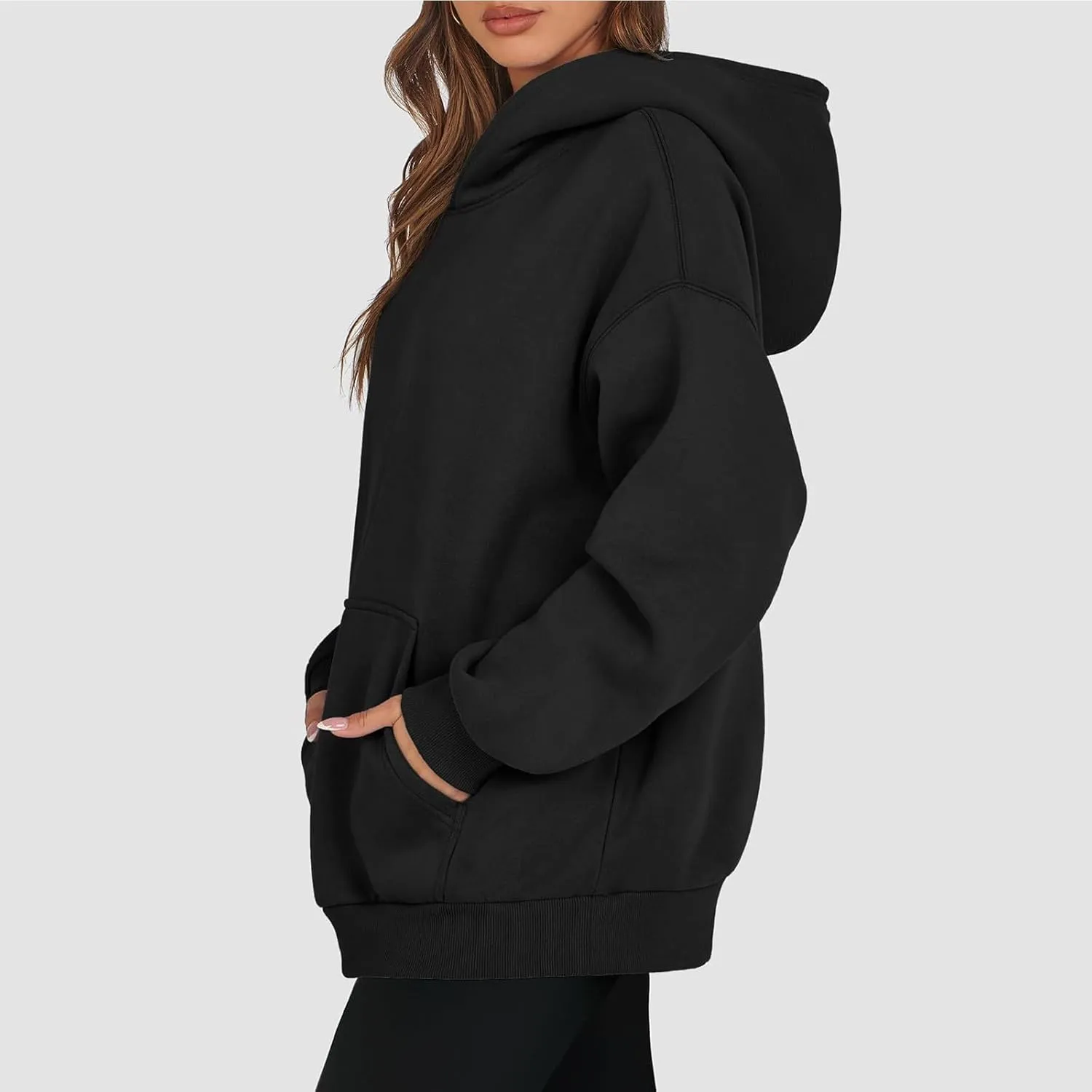 Women's Fashion Loose Fall Hooded Sweatshirt Solid Color Casual Daily Long Sleeve Fleece Sweaters Pullover with Pocket